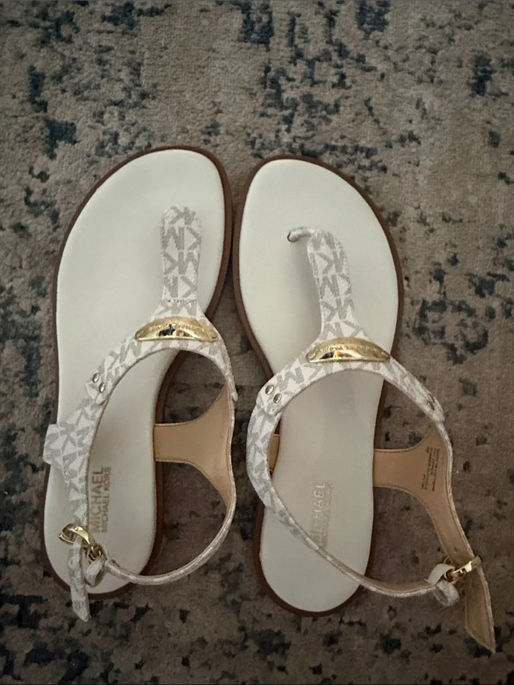 Michael Kors White and Gold Logo Thong Sandals